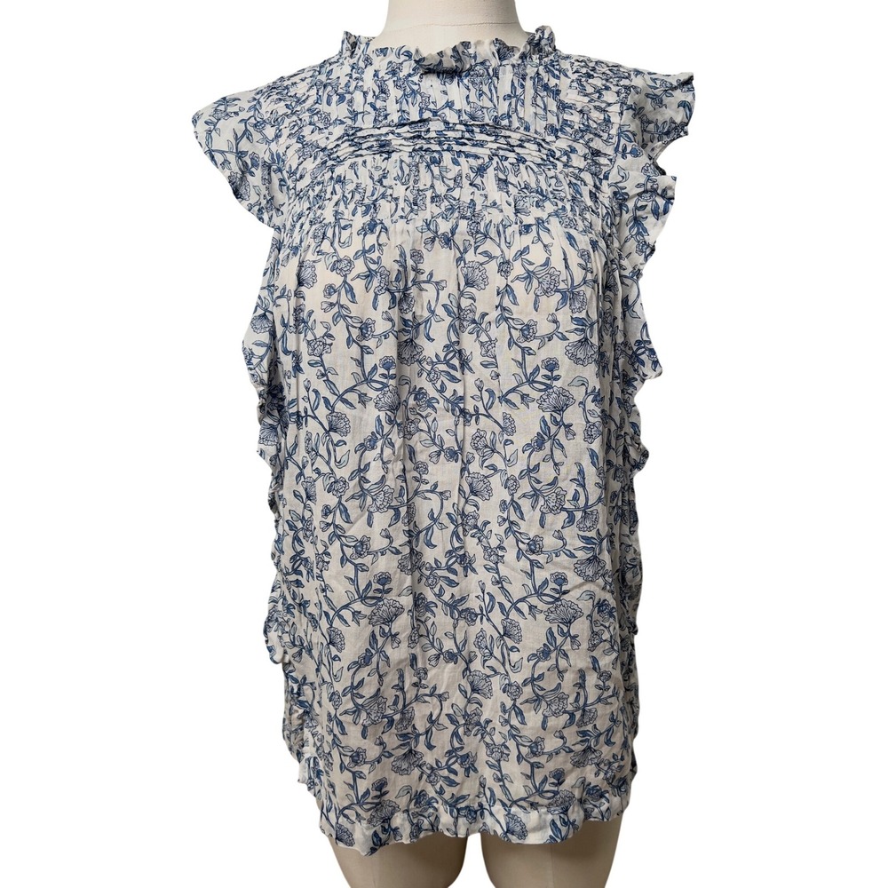 Beachlunchlounge‎ White Blue Floral Ruffle Neck Cotton Sleeveless Blouse Small